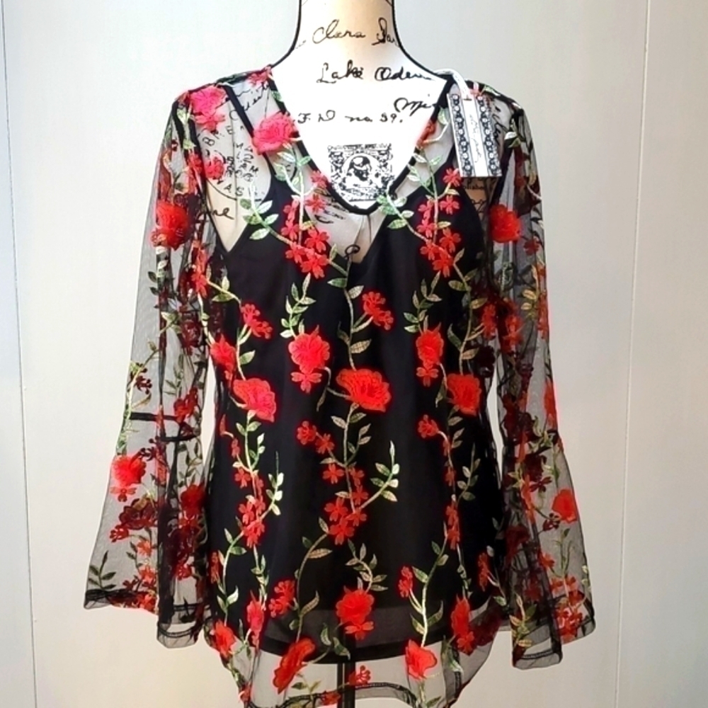 Black|Red Dark Floral Semi Sheer Overlay W/ Black Cami Whimsigoth Womens Sz.XL